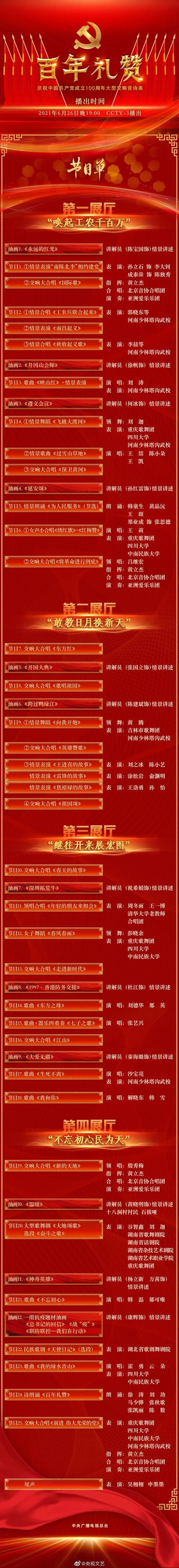 央视百年礼赞节目单抢先看：经典歌曲+豪华阵容！